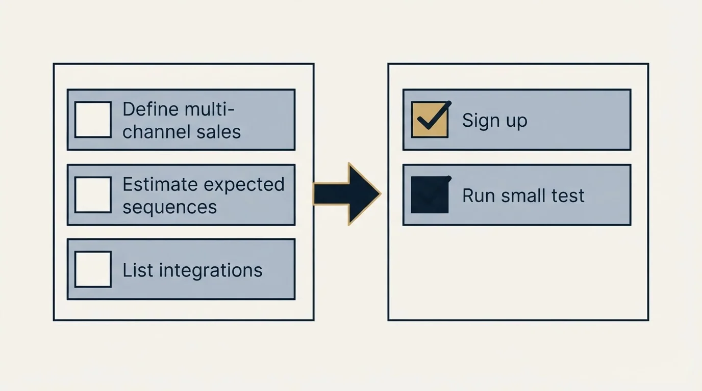 Before-and-after steps: Getting Started Checklist (Define multi-channel sales, Estimate expected sequences, List integrations, Sign up)
