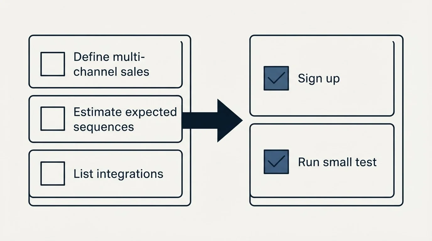 Before-and-after steps: Getting Started Checklist (Define multi-channel sales, Estimate expected sequences, List integrations, Sign up)