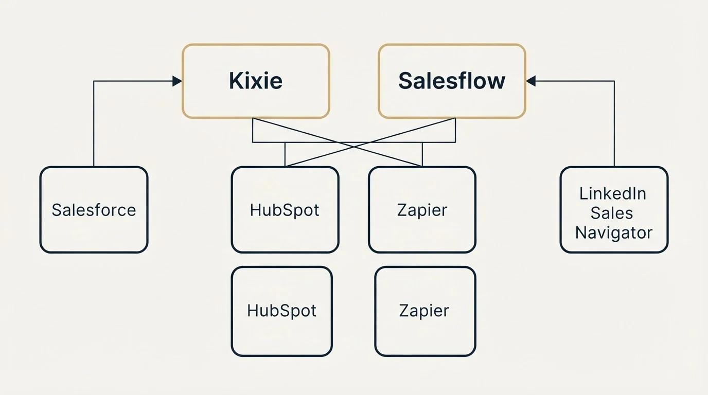 Integration grid: Integration Ecosystem (Kixie, Salesflow, HubSpot, Zapier)