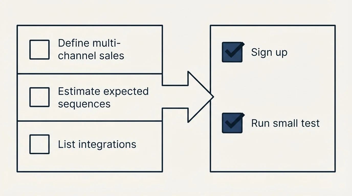 Before-and-after steps: Getting Started Checklist (Define multi-channel sales, Estimate expected sequences, List integrations, Sign up)