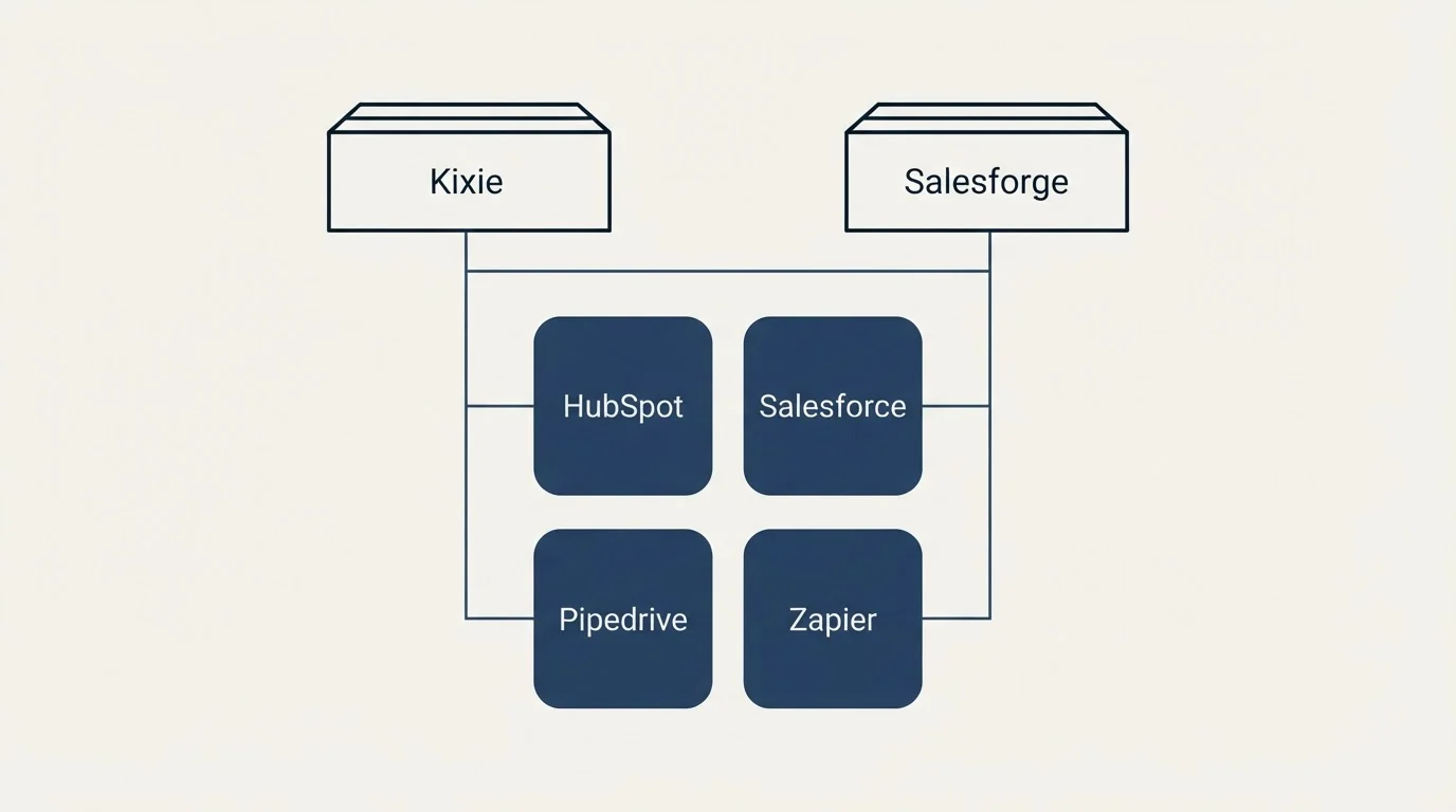 Integration grid: Integration Ecosystem (Kixie, Salesforge, HubSpot, Salesforce)