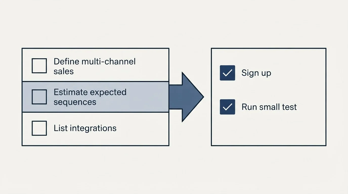 Before-and-after steps: Getting Started Checklist (Define multi-channel sales, Estimate expected sequences, List integrations, Sign up)