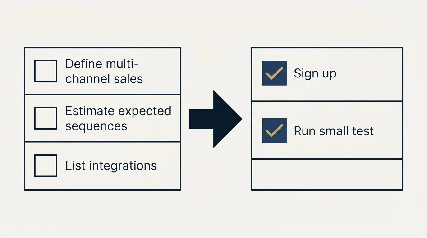 Before-and-after steps: Getting Started Checklist (Define multi-channel sales, Estimate expected sequences, List integrations, Sign up)