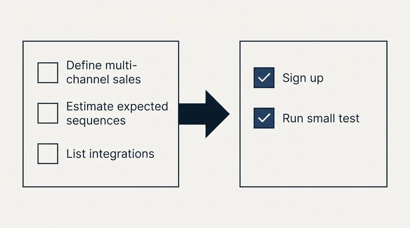 Before-and-after steps: Getting Started Checklist (Define multi-channel sales, Estimate expected sequences, List integrations, Sign up)