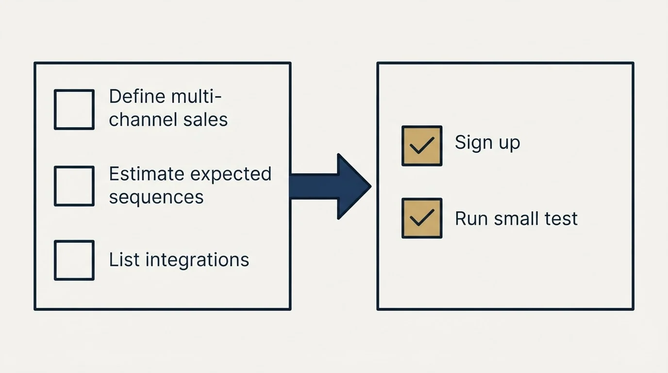 Before-and-after steps: Getting Started Checklist (Define multi-channel sales, Estimate expected sequences, List integrations, Sign up)
