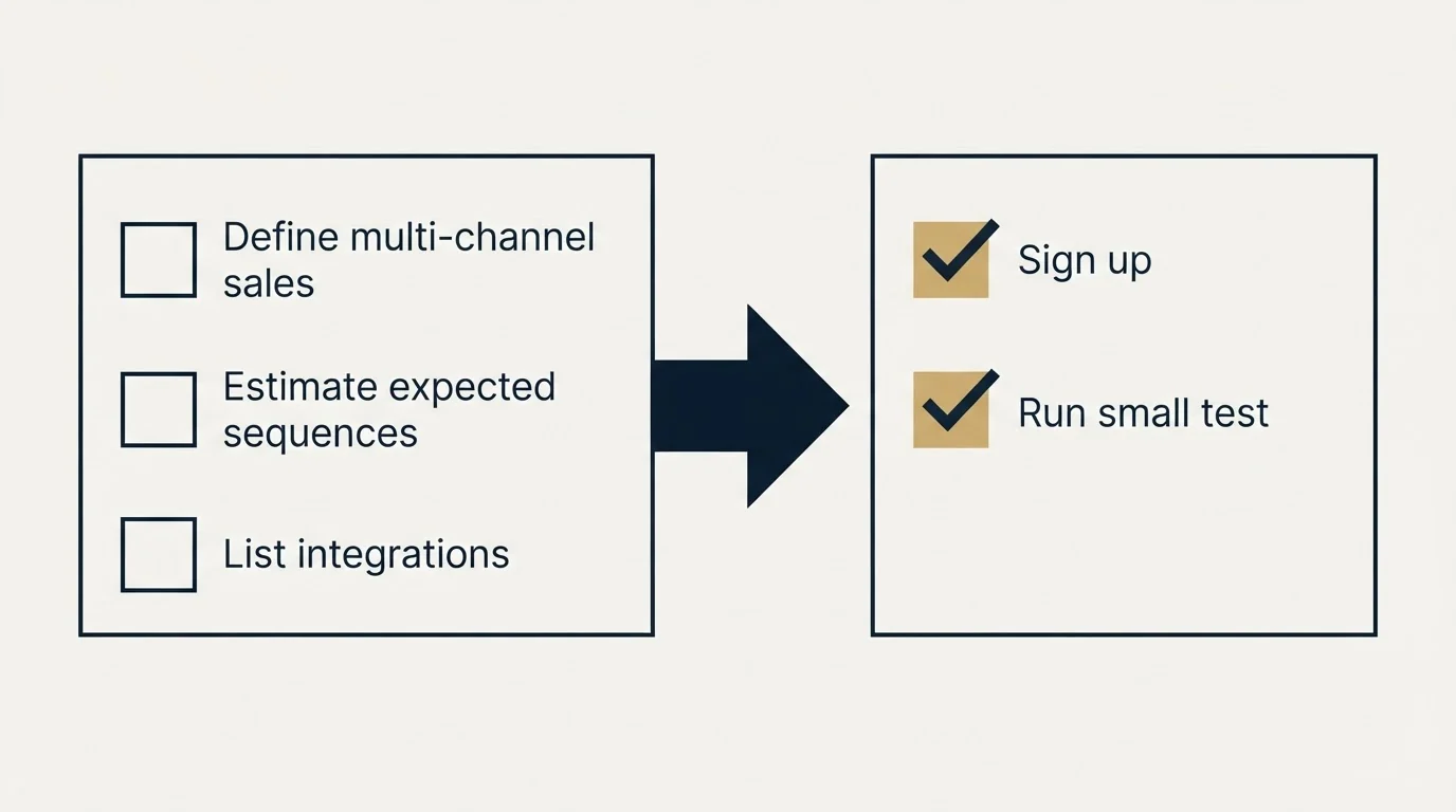 Before-and-after steps: Getting Started Checklist (Define multi-channel sales, Estimate expected sequences, List integrations, Sign up)