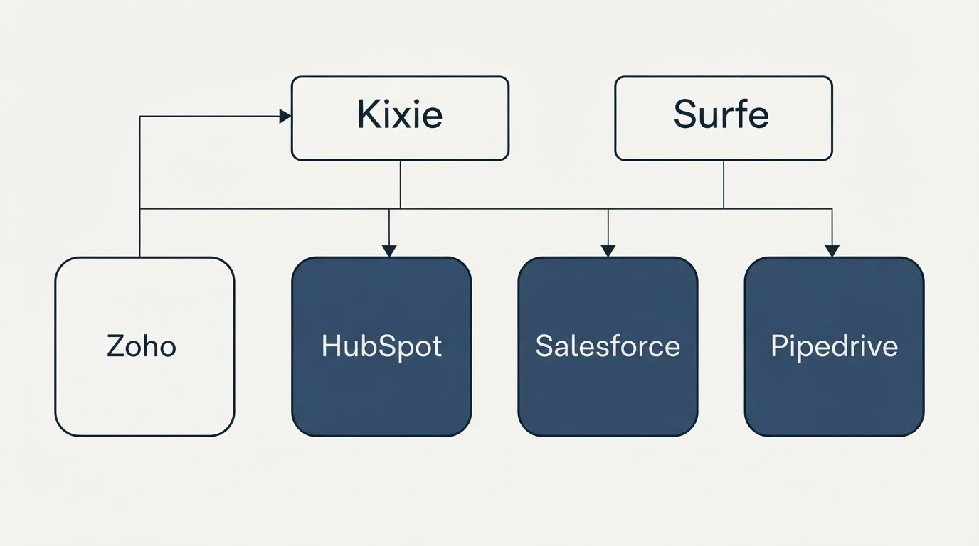 Integration grid: Integration Ecosystem (Kixie, Surfe, HubSpot, Salesforce)