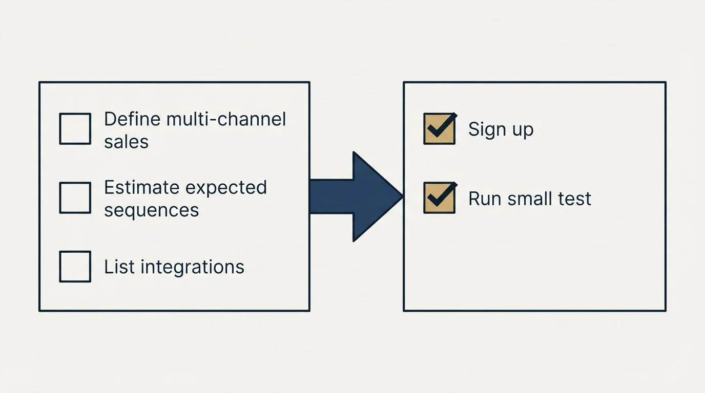 Before-and-after steps: Getting Started Checklist (Define multi-channel sales, Estimate expected sequences, List integrations, Sign up)