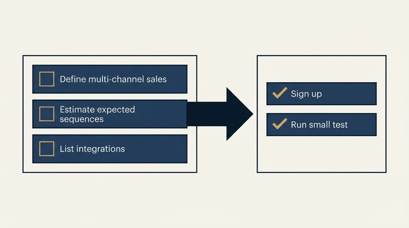 Before-and-after steps: Getting Started Checklist (Define multi-channel sales, Estimate expected sequences, List integrations, Sign up)