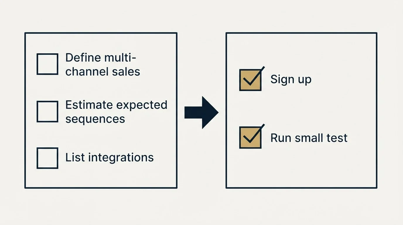 Before-and-after steps: Getting Started Checklist (Define multi-channel sales, Estimate expected sequences, List integrations, Sign up)