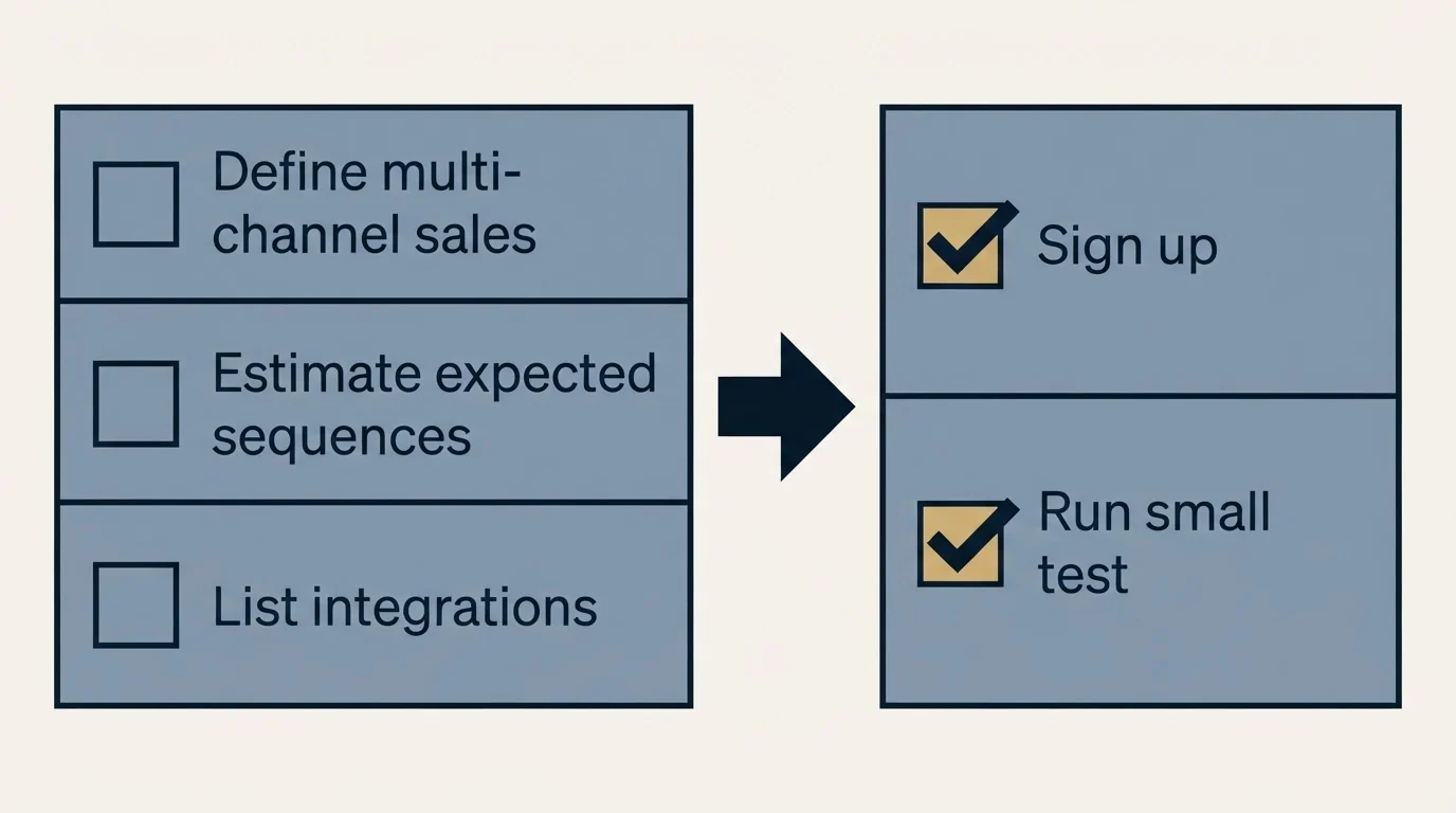 Before-and-after steps: Getting Started Checklist (Define multi-channel sales, Estimate expected sequences, List integrations, Sign up)