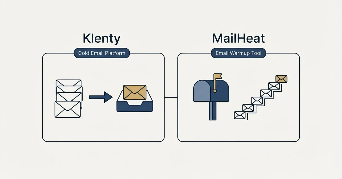 Side-by-side panels: Klenty vs MailHeat (Cold Email Platform, Email Warmup Tool)