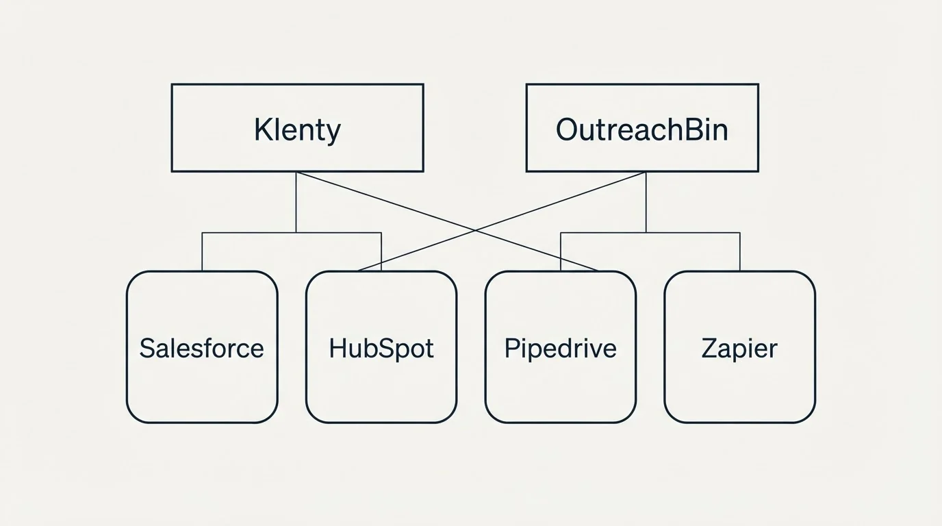 Integration grid: Integration Ecosystem (Klenty, OutreachBin, Salesforce, HubSpot)