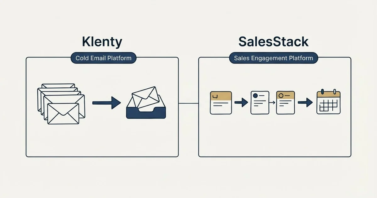 Side-by-side panels: Klenty vs SalesStack (Cold Email Platform, Sales Engagement Platform)