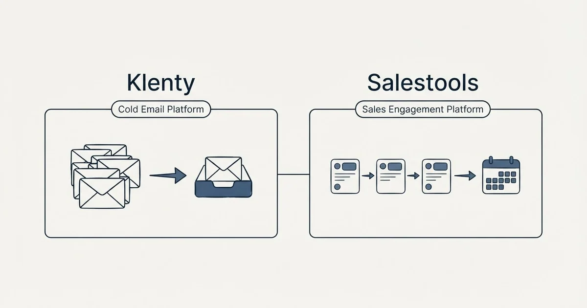 Side-by-side panels: Klenty vs Salestools (Cold Email Platform, Sales Engagement Platform)
