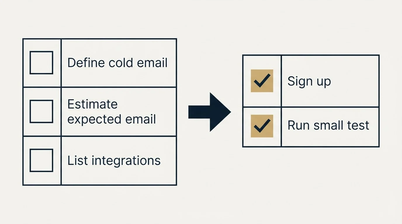 Before-and-after steps: Getting Started Checklist (Define cold email, Estimate expected email, List integrations, Sign up)