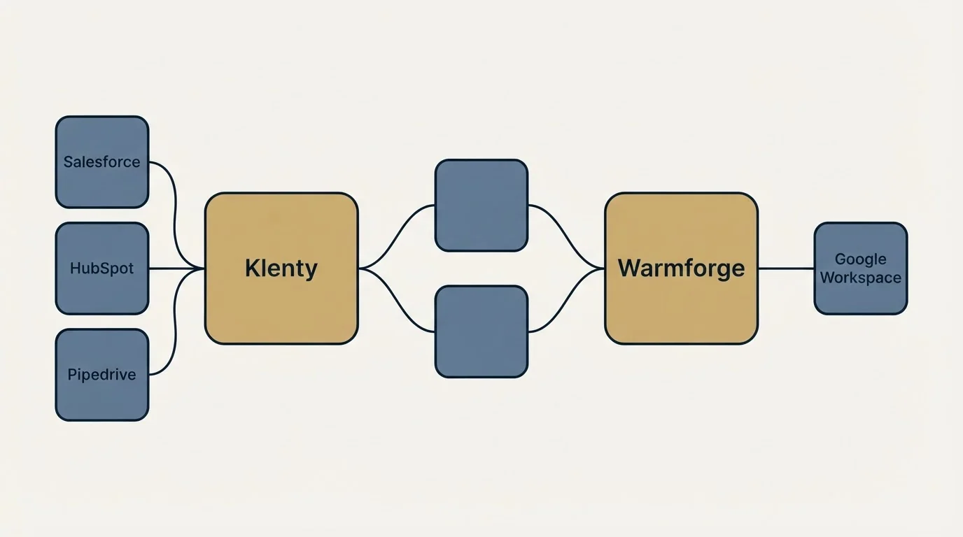 Integration schematic: Integration Ecosystem (Klenty, Warmforge, Salesforce, Google Workspace)