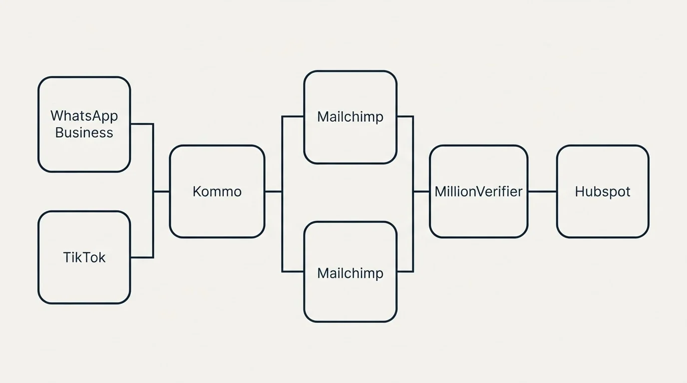 Integration flow: Integration Ecosystem (Kommo, MillionVerifier, Mailchimp, WhatsApp Business)