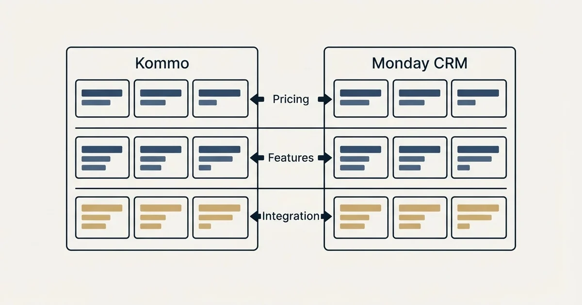 Comparison panel: Kommo vs Monday CRM (Pricing, Features, Integration)