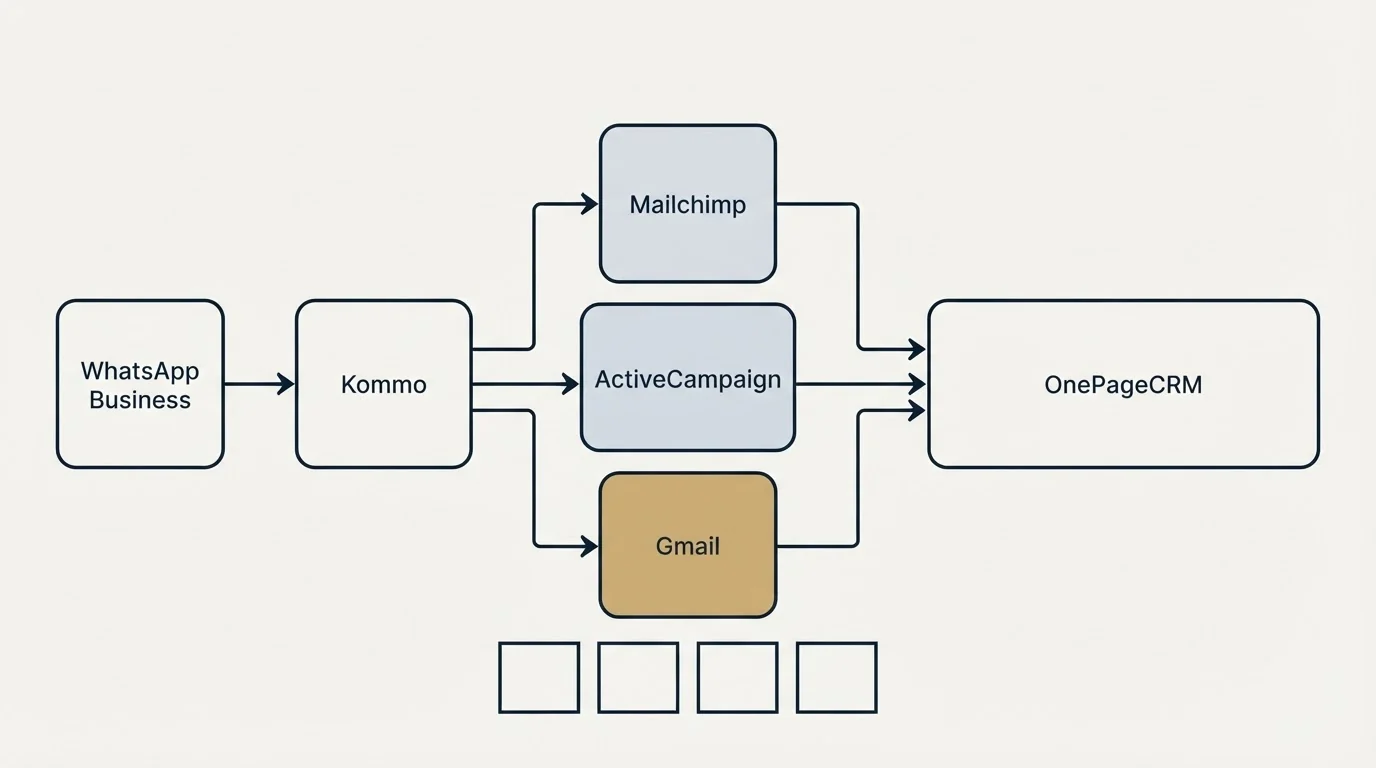 Integration schematic: Integration Ecosystem (Kommo, OnePageCRM, Mailchimp, ActiveCampaign)