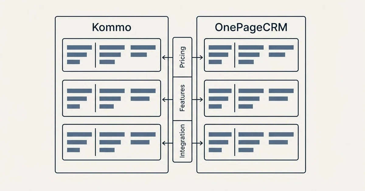 Comparison panel: Kommo vs OnePageCRM (Pricing, Features, Integration)