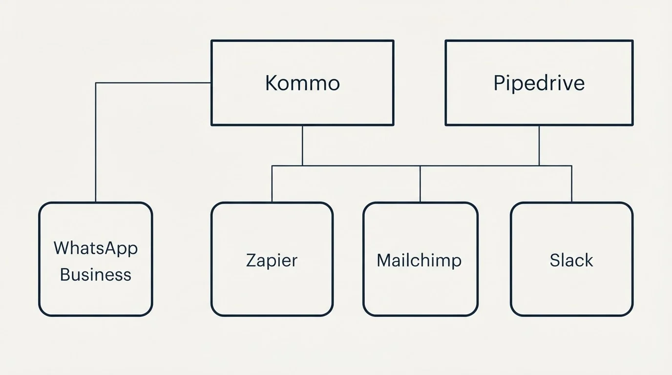 Integration grid: Integration Ecosystem (Kommo, Pipedrive, Zapier, Mailchimp)