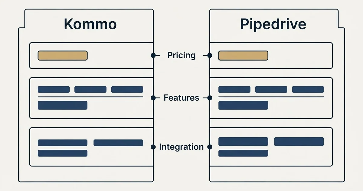 Comparison panel: Kommo vs Pipedrive (Pricing, Features, Integration)