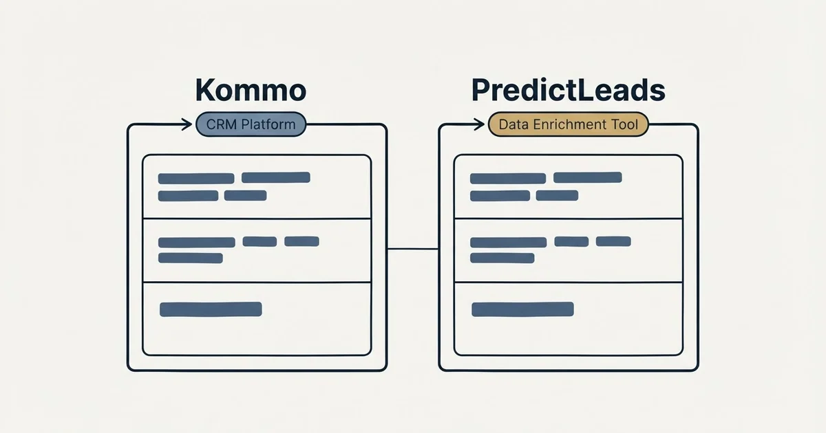 Side-by-side panels: Kommo vs PredictLeads (CRM Platform, Data Enrichment Tool)