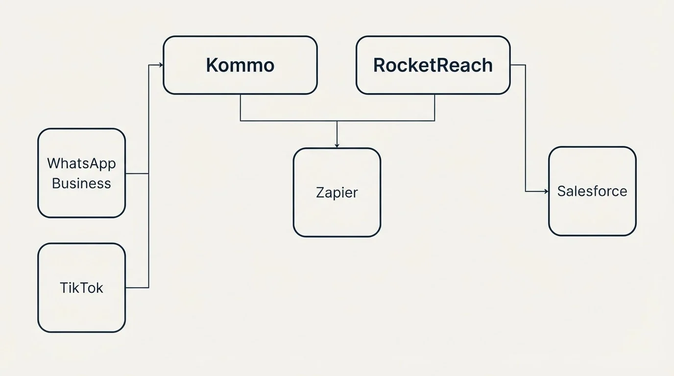 Integration grid: Integration Ecosystem (Kommo, RocketReach, Zapier, WhatsApp Business)