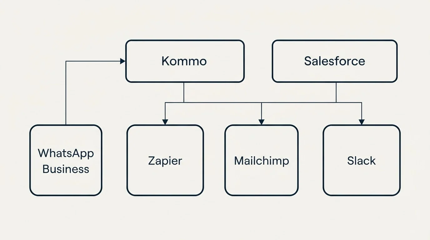 Integration grid: Integration Ecosystem (Kommo, Salesforce, Zapier, Mailchimp)