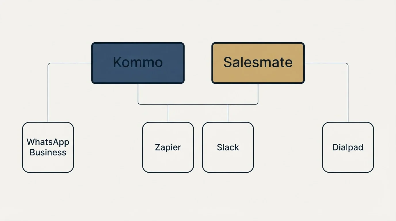 Integration grid: Integration Ecosystem (Kommo, Salesmate, Zapier, Slack)