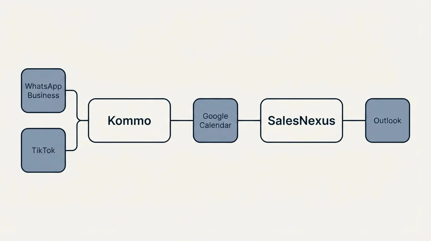 Integration schematic: Integration Ecosystem (Kommo, SalesNexus, Google Calendar, WhatsApp Business)