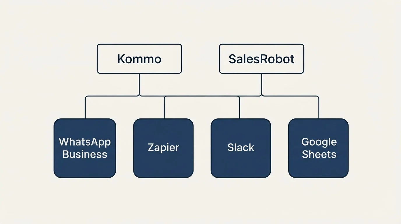Integration grid: Integration Ecosystem (Kommo, SalesRobot, Zapier, Slack)