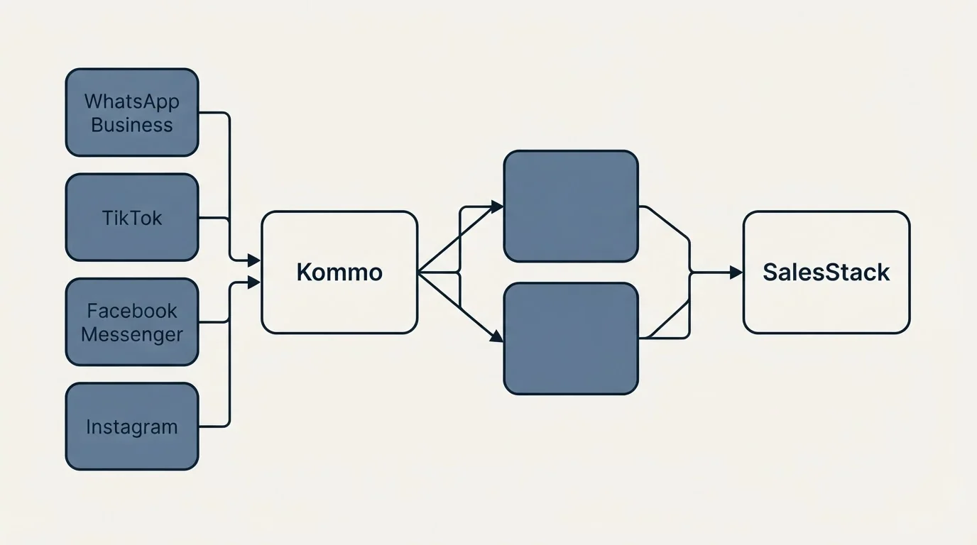 Integration schematic: Integration Ecosystem (Kommo, SalesStack, WhatsApp Business, TikTok)