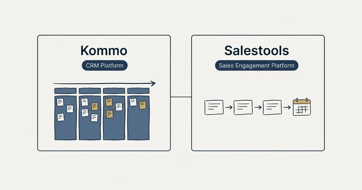 Side-by-side panels: Kommo vs Salestools (CRM Platform, Sales Engagement Platform)