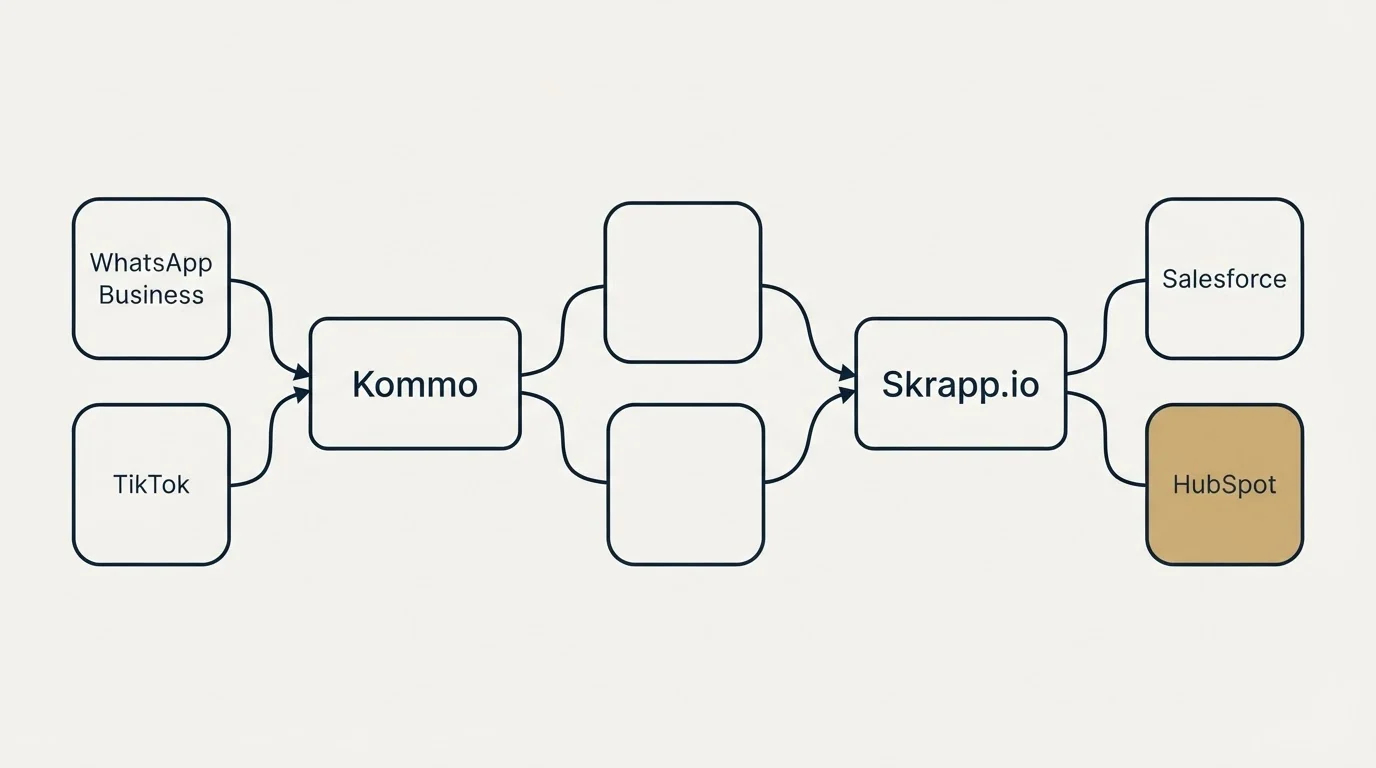 Integration schematic: Integration Ecosystem (Kommo, Skrapp.io, WhatsApp Business, Salesforce)