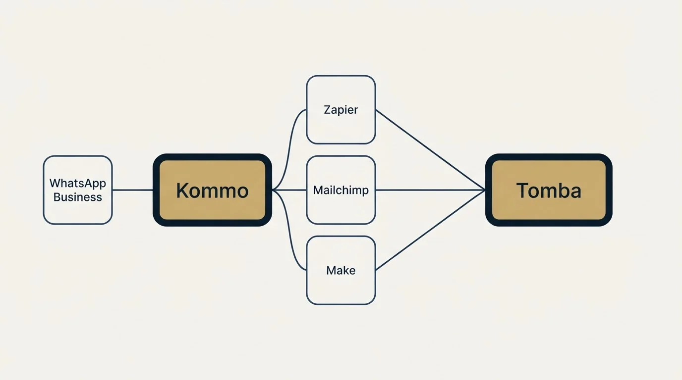 Integration schematic: Integration Ecosystem (Kommo, Tomba, Zapier, Mailchimp)