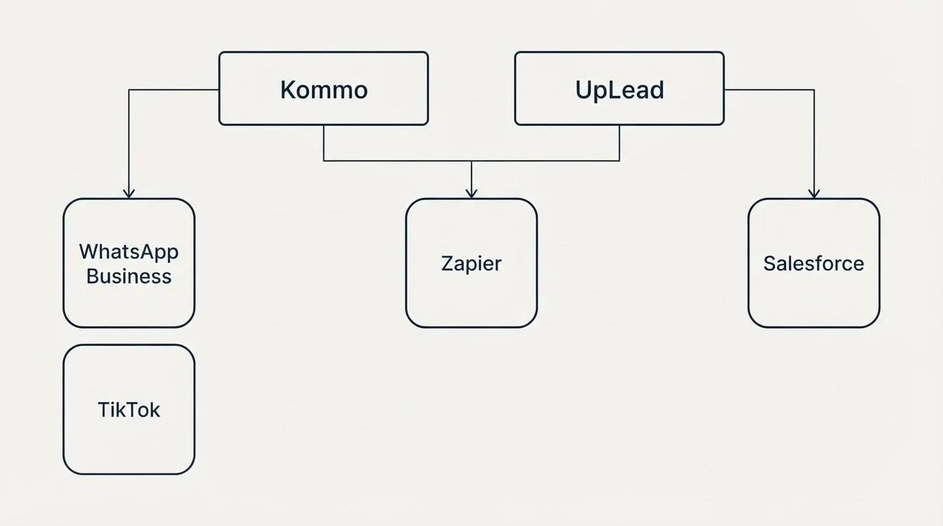 Integration grid: Integration Ecosystem (Kommo, UpLead, Zapier, WhatsApp Business)