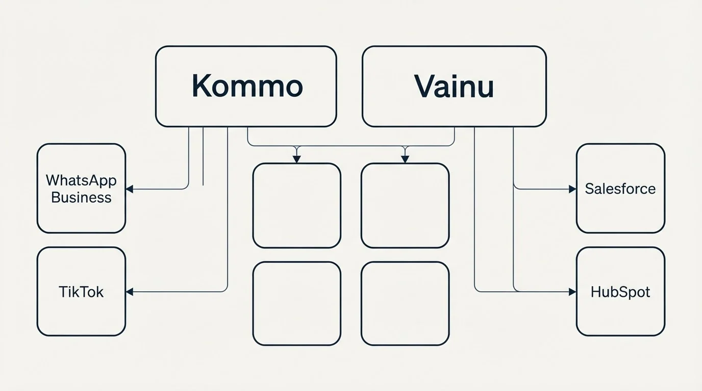 Integration grid: Integration Ecosystem (Kommo, Vainu, WhatsApp Business, Salesforce)