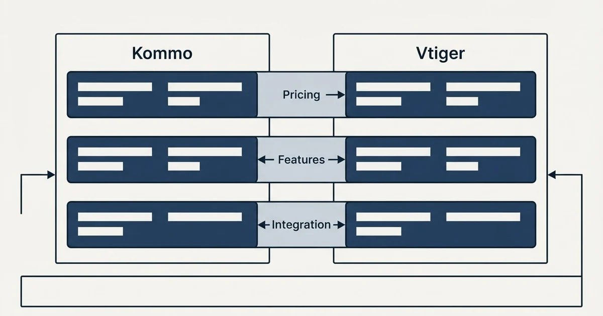Comparison panel: Kommo vs Vtiger (Pricing, Features, Integration)