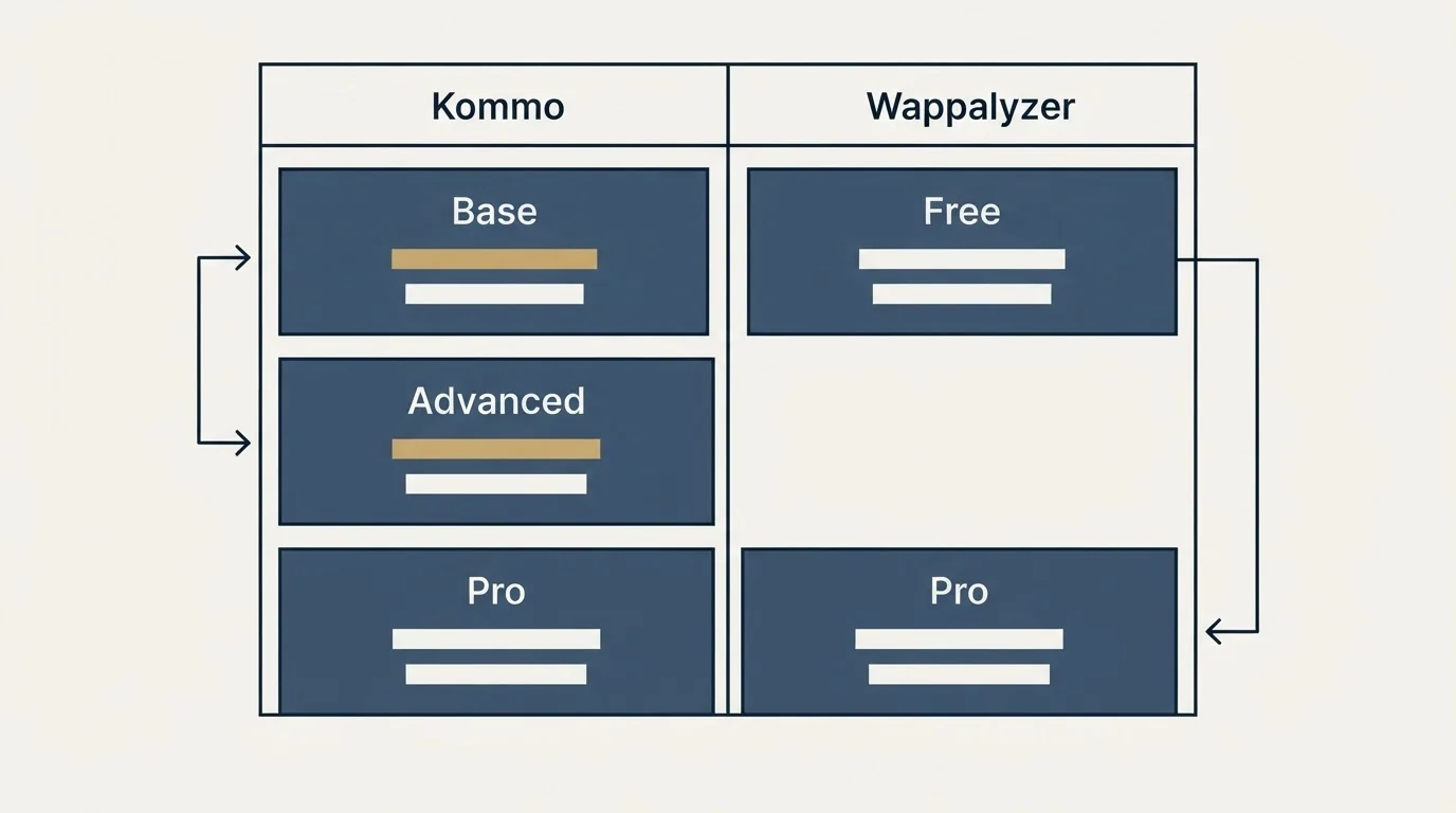 Pricing table: Pricing Comparison (Kommo, Wappalyzer, Base, Free)