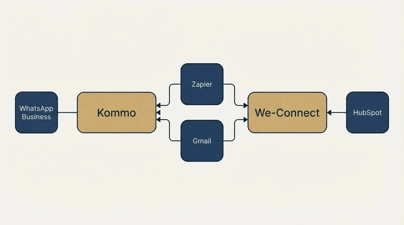 Integration schematic: Integration Ecosystem (Kommo, We-Connect, Zapier, Gmail)