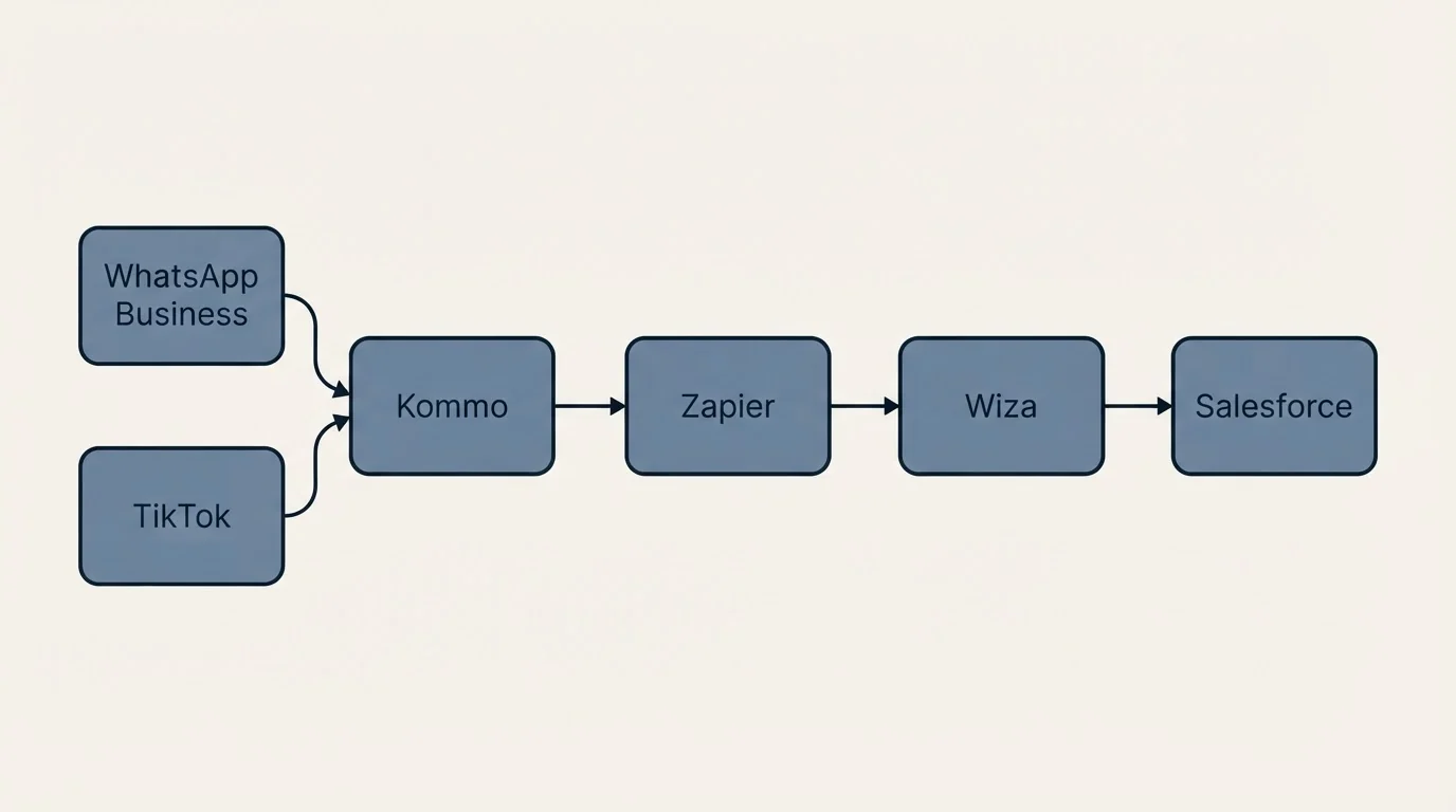 Integration schematic: Integration Ecosystem (Kommo, Wiza, Zapier, WhatsApp Business)