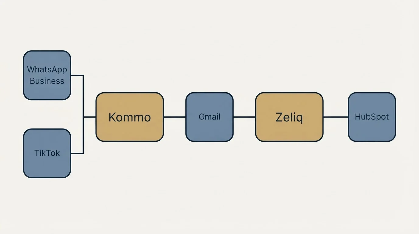 Integration schematic: Integration Ecosystem (Kommo, Zeliq, Gmail, WhatsApp Business)