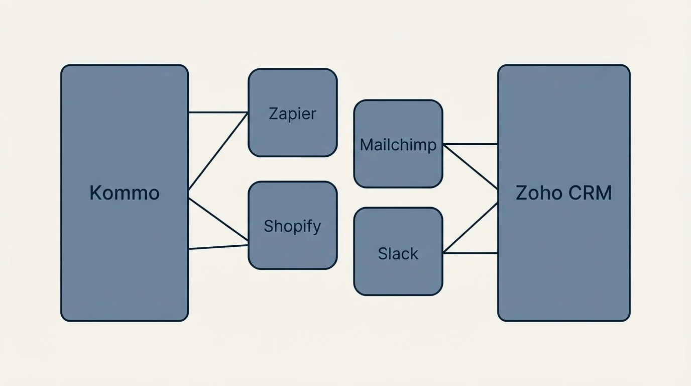 Integration schematic: Integration Ecosystem (Kommo, Zoho CRM, Zapier, Mailchimp)