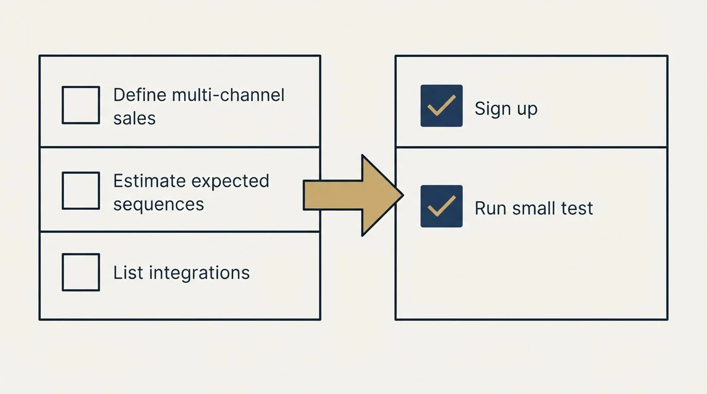 Before-and-after steps: Getting Started Checklist (Define multi-channel sales, Estimate expected sequences, List integrations, Sign up)