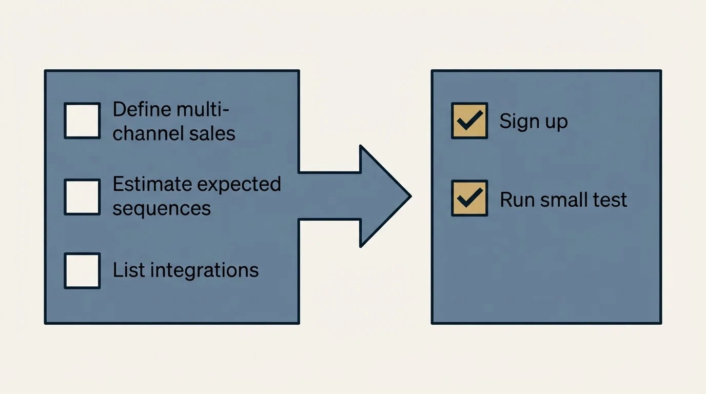 Before-and-after steps: Getting Started Checklist (Define multi-channel sales, Estimate expected sequences, List integrations, Sign up)