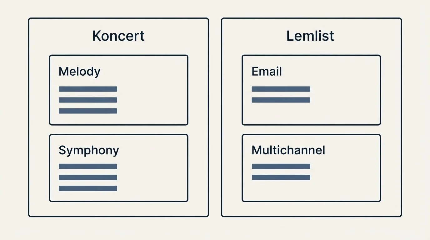 Pricing panels: Pricing Comparison (Koncert, Lemlist, Melody, Email)