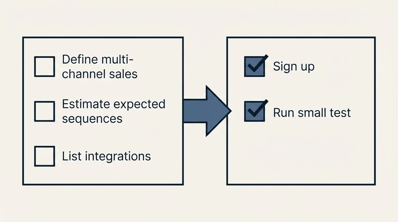 Before-and-after steps: Getting Started Checklist (Define multi-channel sales, Estimate expected sequences, List integrations, Sign up)