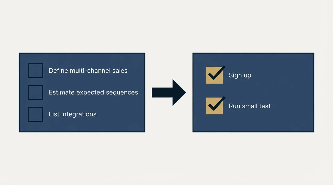 Before-and-after steps: Getting Started Checklist (Define multi-channel sales, Estimate expected sequences, List integrations, Sign up)